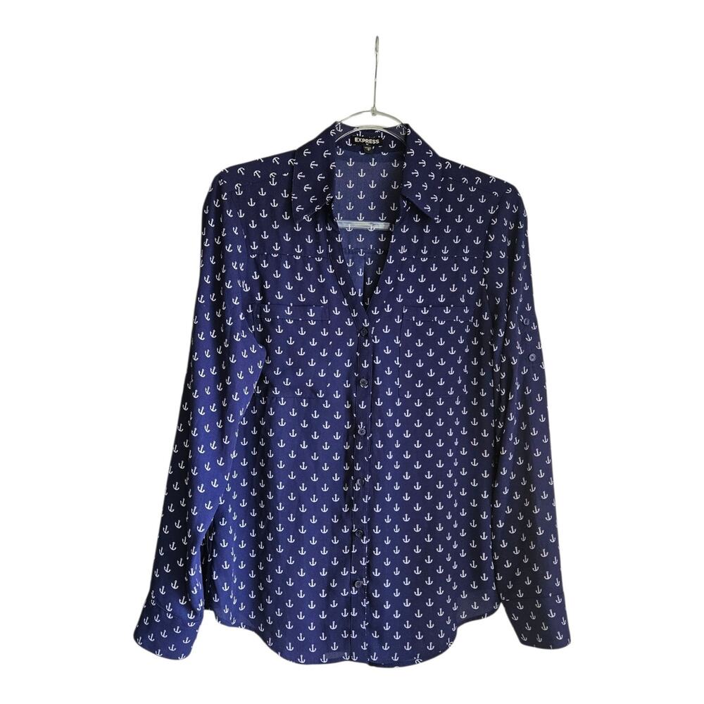 Express Womens SMALL Blouse Navy White Anchor Print Button-Up Collar V-Neck